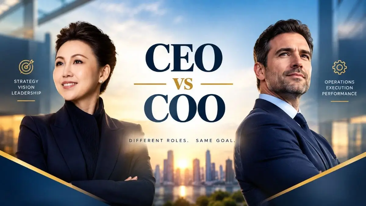 CEO vs COO comparison showing executive leadership, strategy, operations, and business growth.