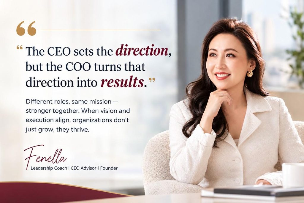 Fenella sharing leadership insights on CEO vs COO, explaining how the CEO sets strategic direction while the COO turns that direction into results.