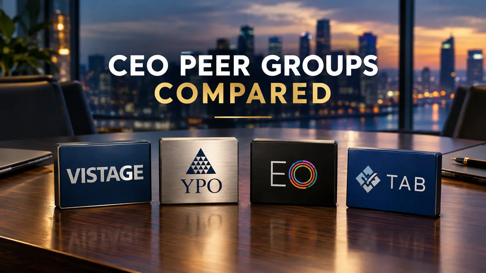 CEO peer groups comparison featuring Vistage, YPO, EO, and TAB badges on a premium executive boardroom table with a city skyline at dusk.