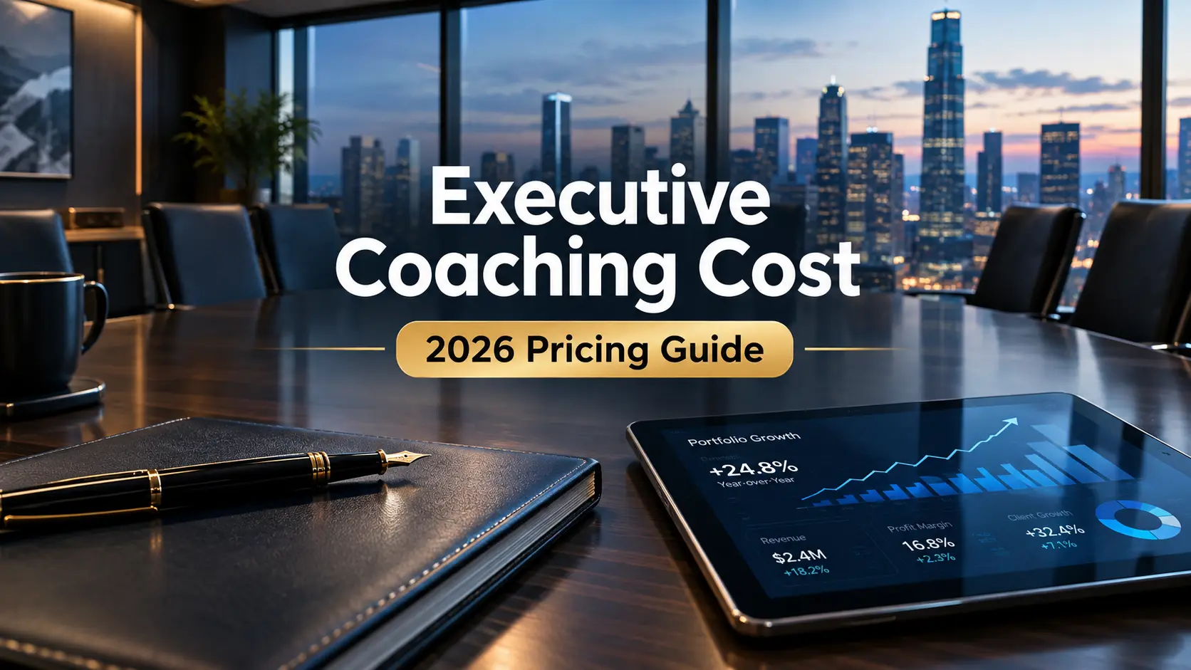 Executive coaching cost 2026 pricing guide in a modern corporate boardroom with financial growth charts