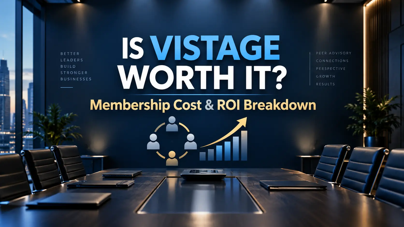 Professional executive boardroom graphic featuring the text “Is Vistage Worth It? Membership Cost & ROI Breakdown,” with peer advisory and rising ROI graphics.